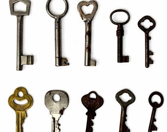 Set di chiavi vintage, dieci chiavi scheletro in metallo antico, collezione rustica decorativa per lavori artigianali, regali artistici in stile antico