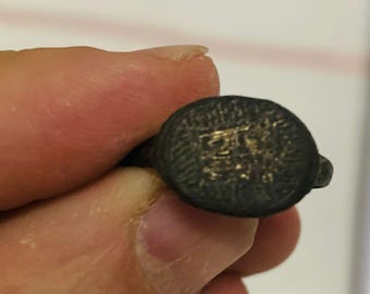 Raro anello talismano ottomano antico, sigillo in bronzo con versetto di preghiera protettiva, gioiello amuleto islamico, oggetto da collezione per collezionisti di manufatti storici