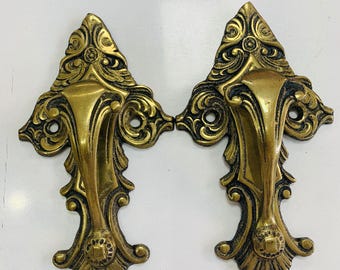Set of 2 Vintage Brass Drawer Pulls, Ornate French Provincial Handles, Rococo Style Wall Hooks, Antique Gold Furniture Restoration Hardware