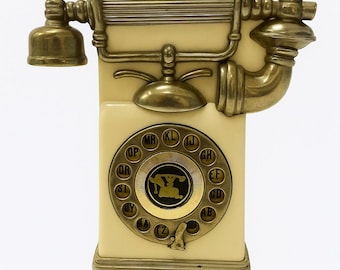 Libreta de direcciones mecánica vintage, forma de teléfono retro, organizador de escritorio de los años 70, decoración de oficina con detalles de latón, índice telefónico nostálgico, regalo antiguo.
