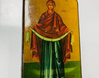 Vintage Theotokos Holy Girdle Icon, Wooden Orthodox Virgin Mary Art, 1980s Religious Wall Decor, Gold Tone Christian Gift,Small Altar Plaque