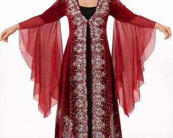 Red Velvet Kaftan, Hand Embroidered Abaya, Stone Detailed Luxury Gown, Special Design Robe, Elegant Modest Wear, Formal Evening Gown