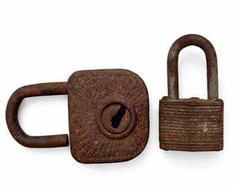 Unique Antique Rusty Iron Padlocks, Vintage Decorative Lock Set, Authentic Old Metal Hardware Pieces, Rustic Industrial Heritage Art