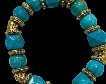 Turquoise Beaded Bracelet Gold Tone Boho Stackable Gemstone, Vintage Charm Jewelry, Southwestern Gift for Her, Delicate Birthday Gift