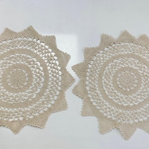 Set of 2 Vintage Crochet Doilies, Handmade Round Lace Table Toppers, Farmhouse Coffee Table Decor, Bohemian Ecru Cotton Centerpiece Mats