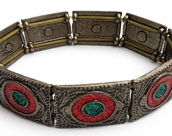 Vintage Ethnic Bracelet, Retro Metal Panel Jewelry, Glass Stone Detail Art, Antique Brass Tone Cuff, Unique Boho Gifts For Women Now