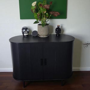 May include: A black cabinet with a ribbed front and oval top, holding decorative items. A potted plant with green and brown leaves, a black skull-shaped bottle, and a ceramic skull are on top. The cabinet has black legs and handles.