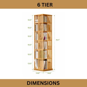 Puede incluir: Una estanter&iacute;a de madera clara de seis niveles llena de libros. La estanter&iacute;a mide 178 cm de alto y 37 cm de ancho. La imagen incluye el texto "6 TIER" y "DIMENSIONS".