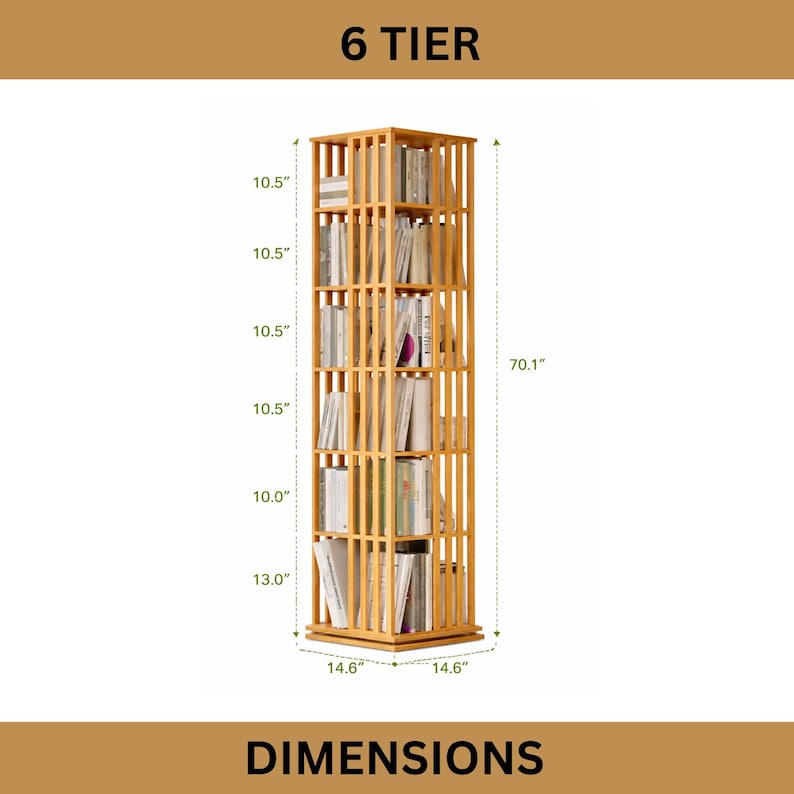 Puede incluir: Una estanter&iacute;a de madera clara de seis niveles llena de libros. La estanter&iacute;a mide 178 cm de alto y 37 cm de ancho. La imagen incluye el texto "6 TIER" y "DIMENSIONS".