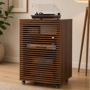 Mid-Century Modern Slatted Wood Media Console – Walnut Finish Cabinet with Wheels