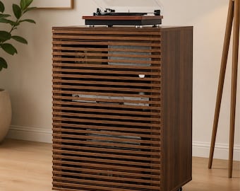Mid-Century Modern Slatted Wood Media Console – Walnut Finish Cabinet with Wheels