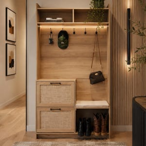 May include: A tall light wood entryway storage unit featuring an upper shelf, five black coat hooks, and integrated LED lighting. The base includes two drawers with woven rattan panels, a cushioned bench seat, and an open lower shoe storage area.