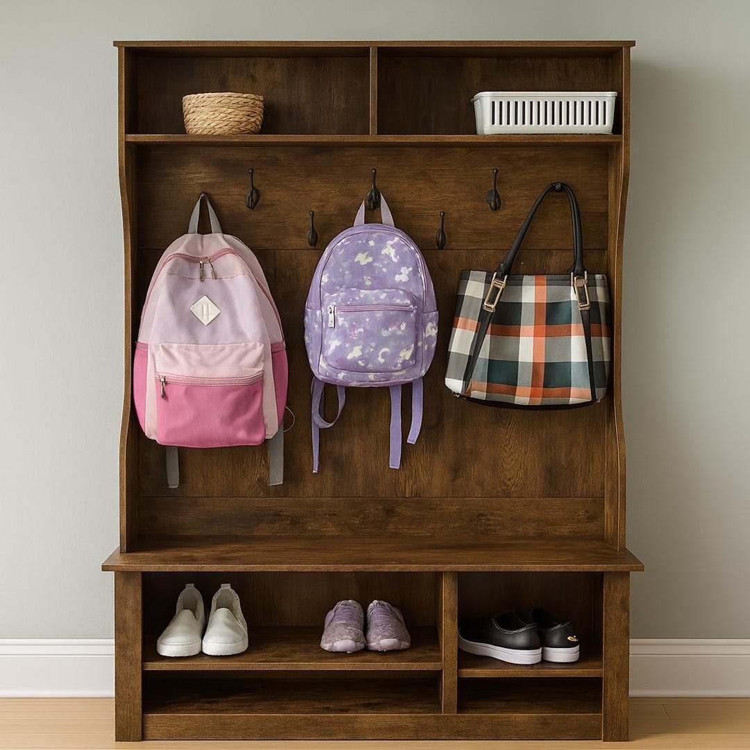 Hall Tree with Bench and Storage – 3-in-1 Coat Rack, Adjustable Shoe Bench, 2-Tier Top Storage for Entryway, Hallway