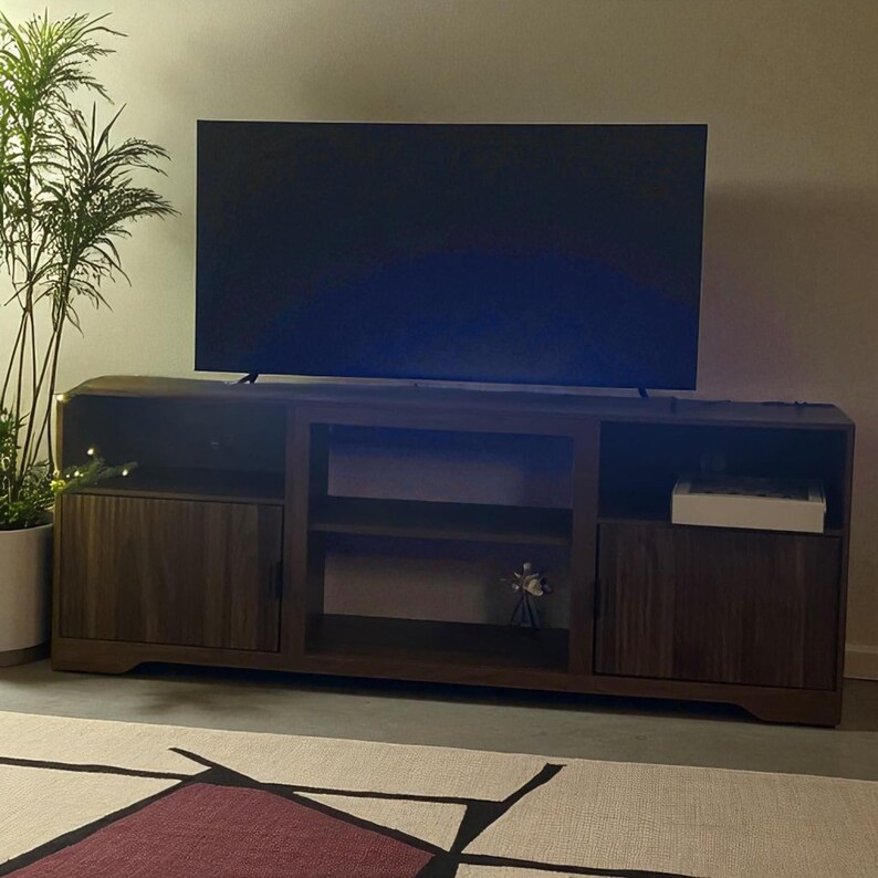 May include: A dark brown wooden TV stand with two cabinet doors, open shelving, and a large flat-screen TV on top. A potted plant is visible on the left side. The stand has a modern design and is placed on a patterned rug.