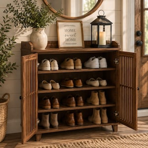 Modern Farmhouse Shoe Storage Cabinet with Doors & Shelves | Wooden Entryway Organizer for Hallway