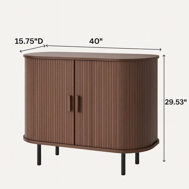 May include: A brown cabinet with two doors and vertical ribbed detailing. The cabinet is 40 inches wide, 15.75 inches deep, and 29.53 inches tall. It has black legs and handles.