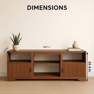 May include: A brown wooden media console with a mid-century modern design. It features two doors with vertical ribbed detailing, open shelving, and a top surface. Dimensions are 68.11 inches wide, 24.8 inches high, and 15.75 inches deep. The word "DIMENSIONS" is at the top.