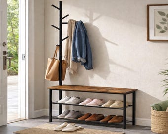 Entryway Coat Rack Shoe Bench, Hall Tree with 3-Tier Storage