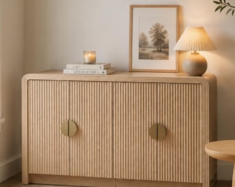 Mid Century Modern Console Cabinet with Wavy Grain Doors & Adjustable Shelves