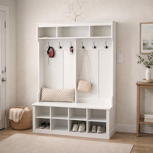 Farmhouse Hall Tree with Bench – Wood Entryway Organizer