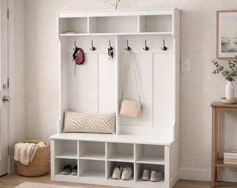 Tall Hall Tree with Bench n Storage – Farmhouse Style Wood Entryway Shoe Organizer, Coat Rack , Shelves