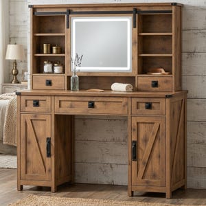May include: A brown wooden vanity desk featuring a hutch with open shelving, two small drawers, and a central rectangular mirror with integrated LED lighting. The base includes a wide center drawer, two side drawers, and two lower cabinets with black hardware.