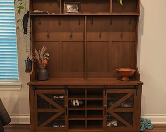Farmhouse Hall Tree, Entryway Bench with Shoe Cubbies & Barn Doors