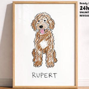 Puede incluir: Ilustración enmarcada de un perro marrón y blanco, dibujada con crayones. El nombre "RUPERT" está escrito debajo. El marco es de madera clara. El texto "Ready in 24hr, Unlimited Revisions" es visible.