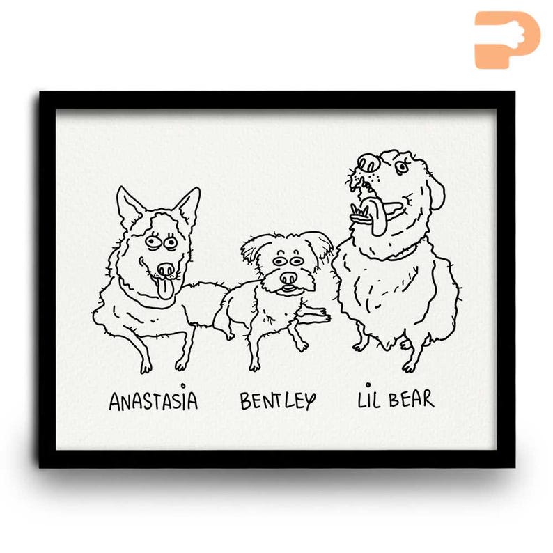 May include: Black framed print featuring three cartoon dogs: Anastasia, Bentley, and Lil Bear. The dogs are drawn in a simple black and white style, each with a unique expression. The names of the dogs are written below each illustration.