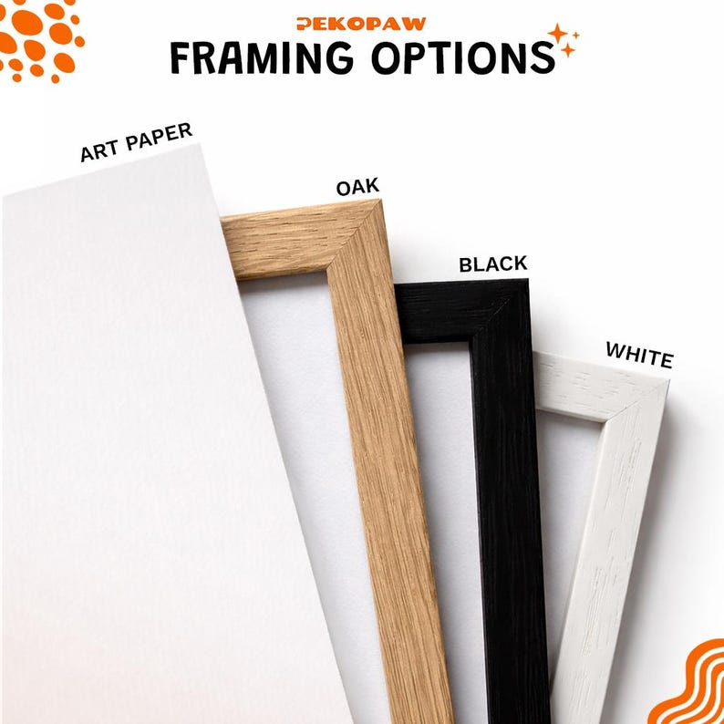 Puede incluir: Imagen que muestra opciones de encuadre con el texto "FRAMING OPTIONS". La imagen muestra papel de arte blanco y marcos en roble, negro y blanco. Los marcos son de madera y tienen un dise&ntilde;o sencillo y moderno.
