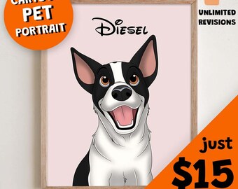 Huisdierportret, gepersonaliseerd portret cartoon huisdier, portret huisdier karikatuur, huisdier illustratie, portret hond, cartoon huisdier van foto