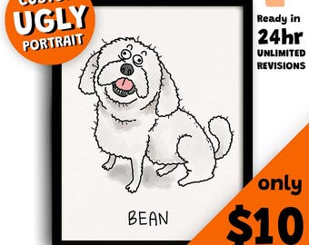 Funny Dog Portrait, Custom Pet Portrait, Ugly Pet Portrait, Silly Pet Portrait, Digital Line Art, Ugly Colored Line Drawing, Funny Cat Art