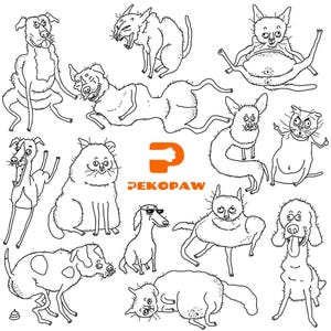 May include: A collection of whimsical black and white cartoon dog and cat illustrations. The images feature various breeds and poses, with the "PEKOPAW" logo in orange.