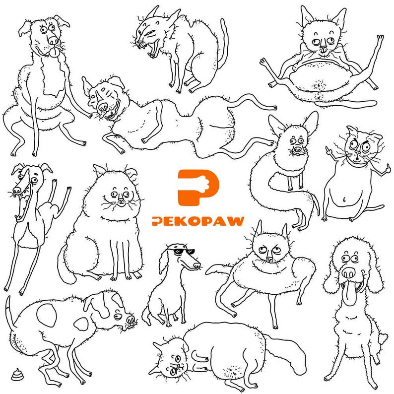 May include: A collection of whimsical black and white cartoon dog and cat illustrations. The images feature various breeds and poses, with the "PEKOPAW" logo in orange.