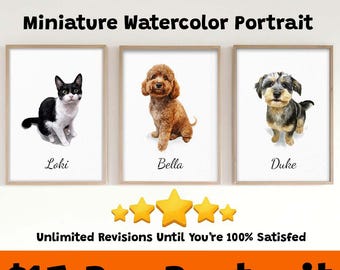 Custom Watercolor Pet Portrait, Miniature Painting, Dog Portrait Gift