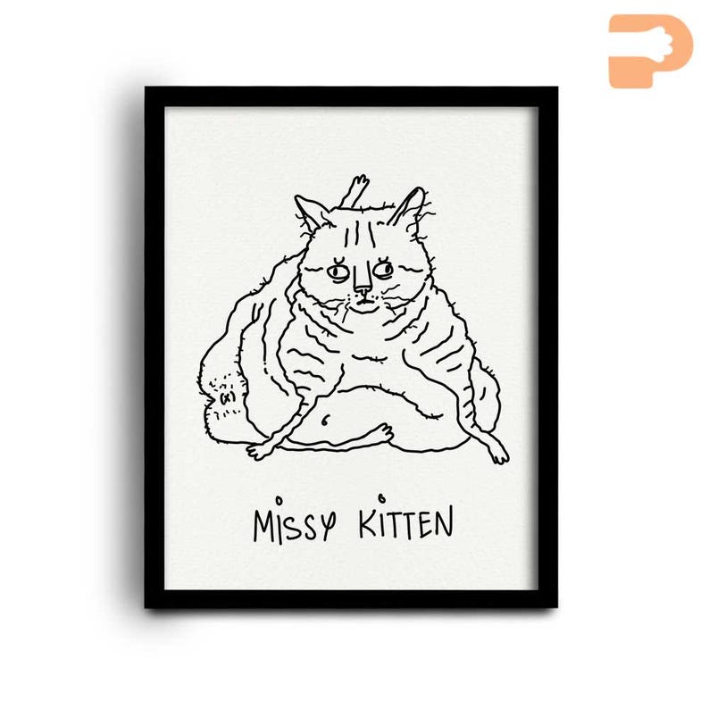 May include: A black framed print featuring a line drawing of a cat. The cat is sitting with its legs crossed and has a slightly grumpy expression. The text "Missy Kitten" is written below the cat in a handwritten style.