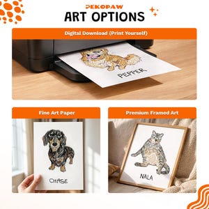 Puede incluir: La imagen muestra opciones de arte de Pekopaw. Presenta una impresi&oacute;n de un perro llamado Pepper, un dachshund llamado Chase en papel de bellas artes y un gato enmarcado llamado Nala. Tambi&eacute;n se ve el texto "ART OPTIONS" y "Digital Download (Print Yourself)".