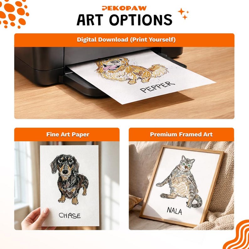 Puede incluir: La imagen muestra opciones de arte de Pekopaw. Presenta una impresi&oacute;n de un perro llamado Pepper, un dachshund llamado Chase en papel de bellas artes y un gato enmarcado llamado Nala. Tambi&eacute;n se ve el texto "ART OPTIONS" y "Digital Download (Print Yourself)".