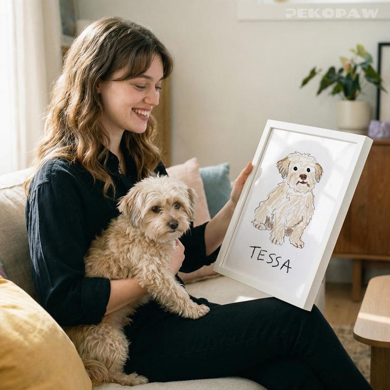Puede incluir: Retrato enmarcado de una mascota, un perro peque&ntilde;o y de color claro llamado Tessa. La obra de arte es de estilo minimalista con un marco blanco. El perro del retrato se asemeja al perro vivo que se sostiene. La imagen est&aacute; en un ambiente acogedor.