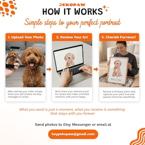 Puede incluir: Una infograf&iacute;a titulada "C&oacute;mo funciona" para retratos de mascotas personalizados. Muestra los pasos: subir una foto, revisar el arte y apreciar el retrato. El texto incluye "Pasos sencillos para tu retrato perfecto" y el correo electr&oacute;nico heypekopaw@gmail.com.