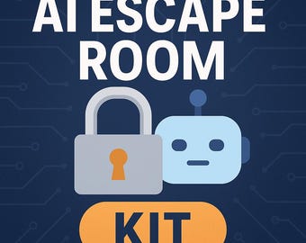 May include: An image with the text "AI ESCAPE ROOM" in white, above a gray padlock with an orange keyhole and a light blue robot. Below is an orange oval with the word "KIT". The background is dark blue with a circuit board design.