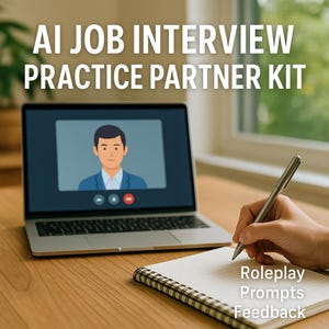 Puede incluir: Un portátil muestra una videollamada con una persona con una blazer azul. El texto "AI JOB INTERVIEW PRACTICE PARTNER KIT" está en la parte superior. Una mano escribe en un bloc de notas con las palabras "Roleplay Prompts Feedback".