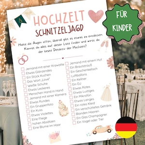 Op de afbeelding: Een afdrukbare bruiloft speurtocht checklist in het Duits. De lijst bevat items zoals een stropdas, cake en een rode jurk. De woorden "Hochzeit Schnitzeljagd" staan bovenaan, met een groen "Für Kinder" label.