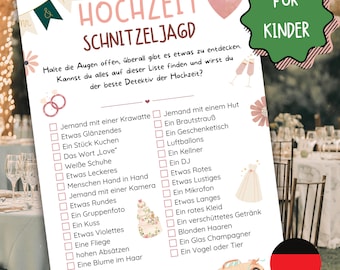 May include: A printable wedding scavenger hunt checklist in German. The list includes items like a tie, cake, and a red dress. The words "Hochzeit Schnitzeljagd" are at the top, with a green "Für Kinder" label.