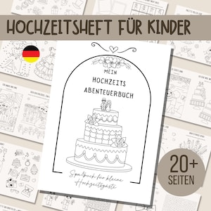 Op de afbeelding: Een zwart-wit kleurboek met de tekst "HOCHZEITSHEFT FÜR KINDER" bovenaan. De omslag toont een illustratie van een bruidstaart met drie lagen en de woorden "MEIN HOCHZEITS ABENTEUERBUCH". Het boek heeft meer dan 20 pagina's.
