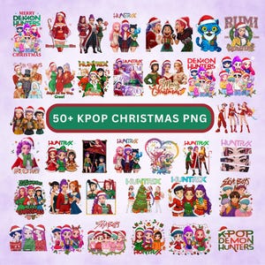 May include: A collection of colorful K-Pop Christmas PNG graphics featuring various characters in Santa hats and festive attire. The image includes text that reads "50+ KPOP CHRISTMAS PNG" and "MERRY DEMON HUNTERS CHRISTMAS".