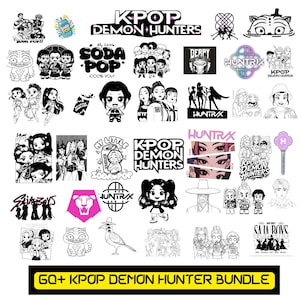 May include: A collection of black and white K-Pop themed stickers and graphics. The designs include cartoon characters, logos, and text such as "KPOP DEMON HUNTERS" and "SODA POP". The bottom banner reads "60+ KPOP DEMON HUNTER BUNDLE".