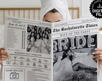 Plantilla de periódico para despedida de soltera, plantilla imprimible para la esposa de la fiesta, invitación editable para despedida de soltera (Canva)