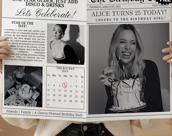25th Birthday Times Zeitungseinladungsvorlage mit Fotos, bearbeitbarem Canva, personalisiertem Partyprogramm digital