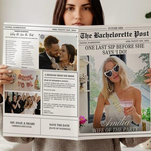 Könnte beinhalten: Eine Hochzeitsanzeige im Zeitungsstil mit dem Titel "The Bachelorette Post" mit Fotos und Text. Die Schlagzeile lautet "One Last Sip Before She Says 'I Do!" und enthält den Namen der Braut, "Amilia, Wife of the Party".